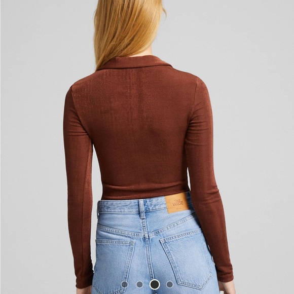 Bershka ruched front polo low cut bodysuit - new brown - Picture 3 of 3